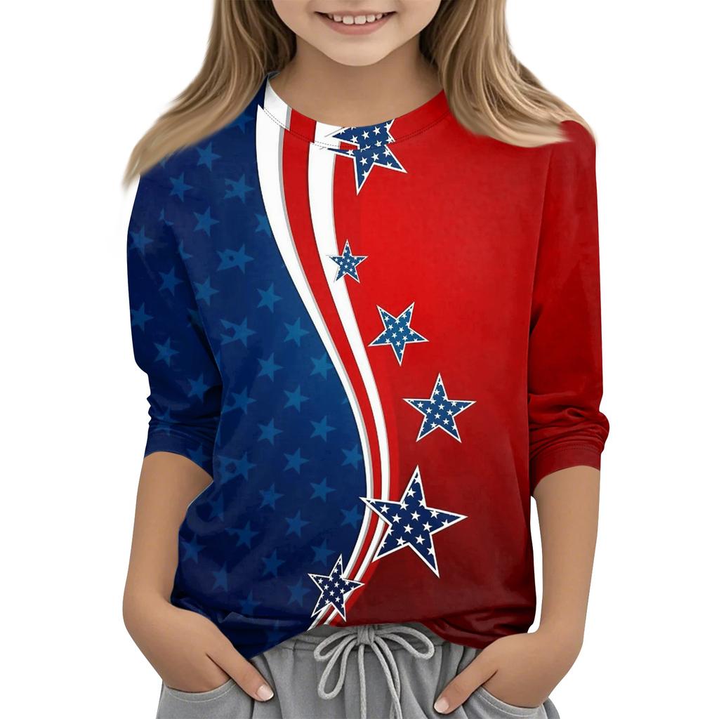 Children's Independence Day Printed Round Neck Seven Quarter Sleeve Casual T-shirt