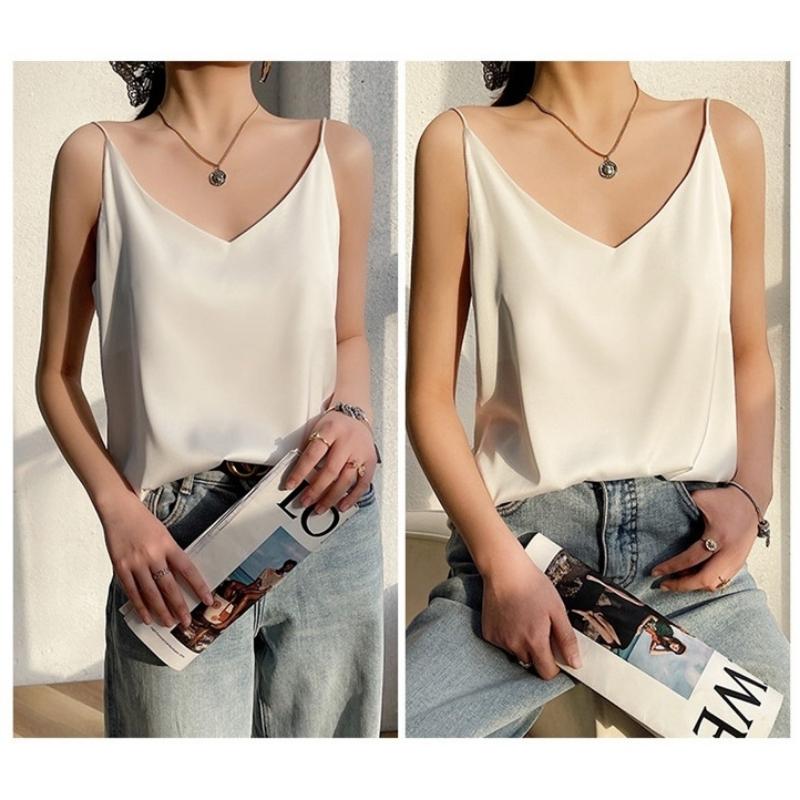 Women's V-Neck Sleeveless Camisole Top Satin Acetate Blend Inner Outer Wear Elegant Style with Suit for Summer Fashion