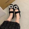 Fashion Women's Elegant Square Head Shallow Mouth Hairy Single Shoes 2025 Autumn Warm Comfortable Versatile Plush Mary Jane Cotton Shoes