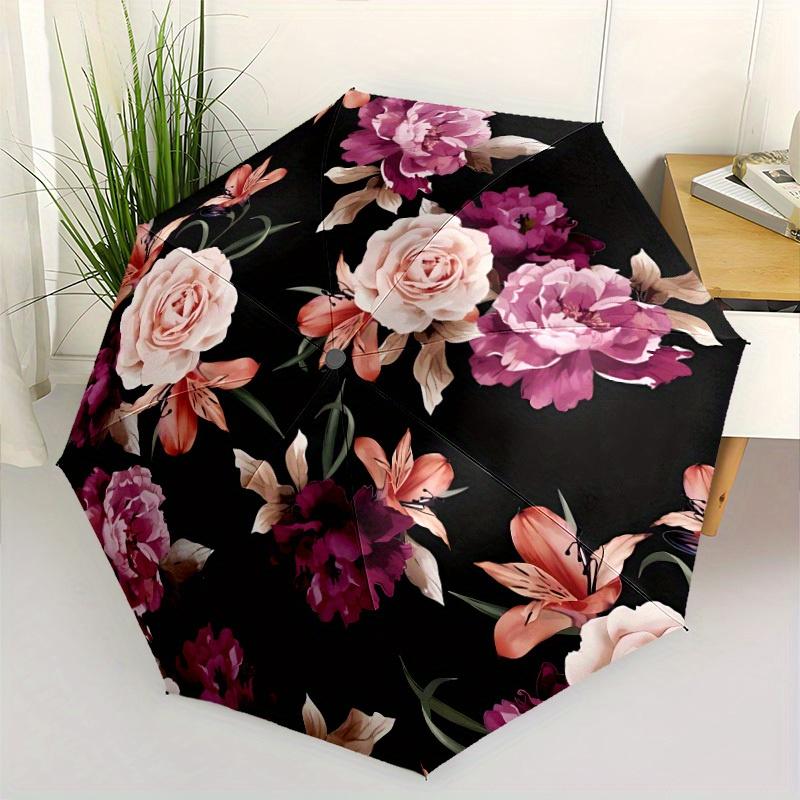 

Elegant Floral Automatic Folding Umbrella - Black with Pink & Purple Roses Design, 8-Rib Durable Frame, Compact & Portable for (as the picture,Iron&8K)