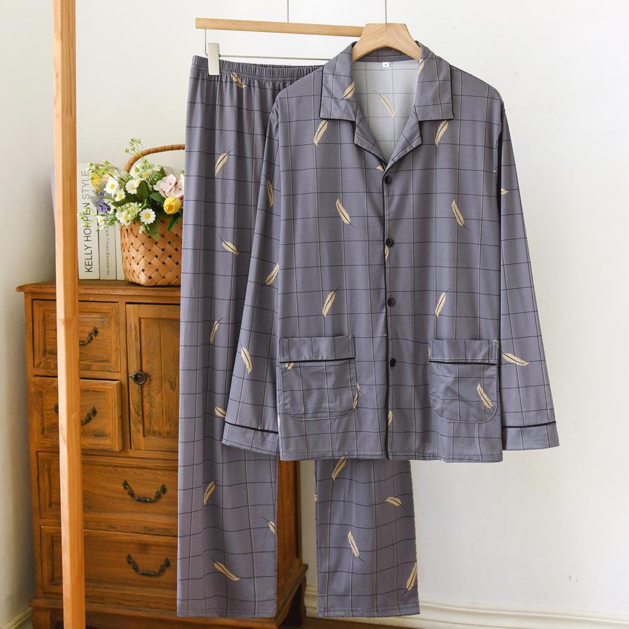 Men's Loose-Fit Pure Cotton Pajama Set: Long Sleeve Cardigan & Pants for Spring/Autumn