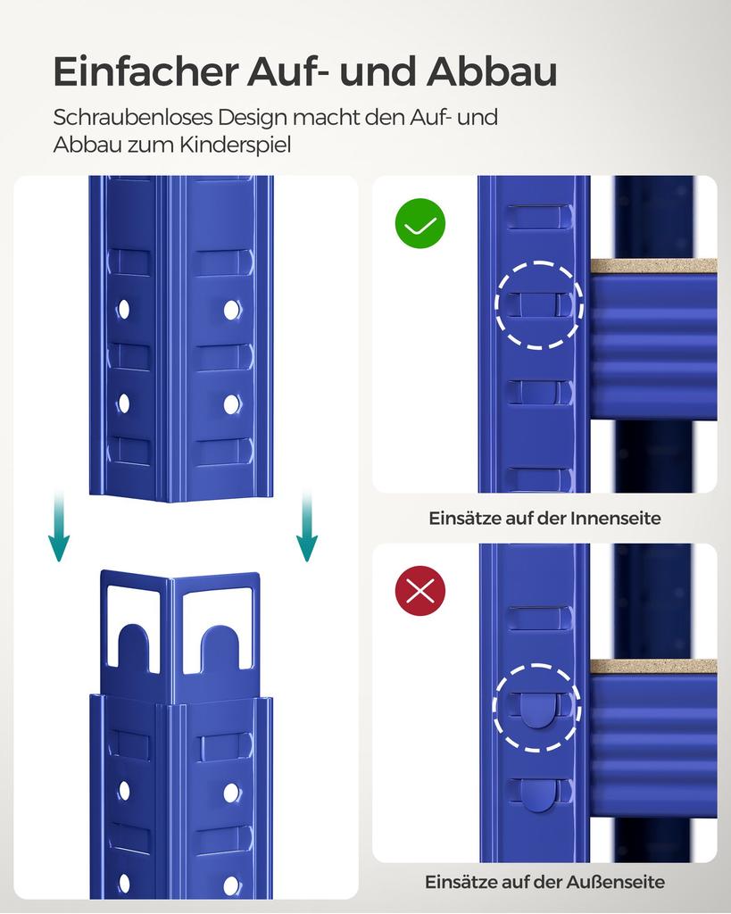 SONGMICS 5-stöckiges Regal, Stahlregal zur Lagerung, werkzeuglose Montage, für Garage, Schuppen, Tragfähigkeit 875 kg, 40 x 90 x 180 cm, Blau