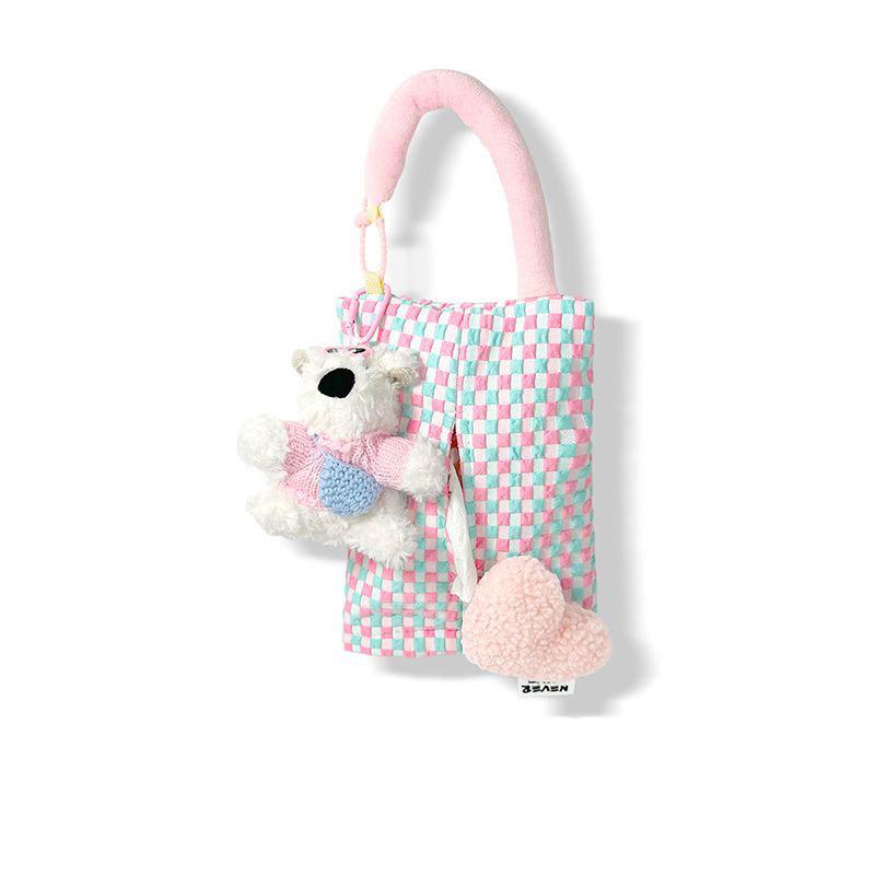 Pink Plaid Fabric Tissue Box Portable Hanging Tissue Case Living Room Container Home Car Towel Napkin Papers Bag Home Decoration