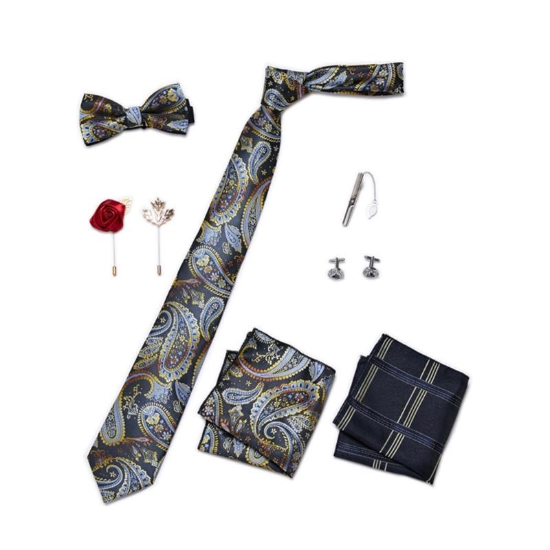 Pack of 9 Men's Floral Tie Set with Pocket Square Tie Clip Brooch Accessories for Formal Occasion Holiday Gift Supply