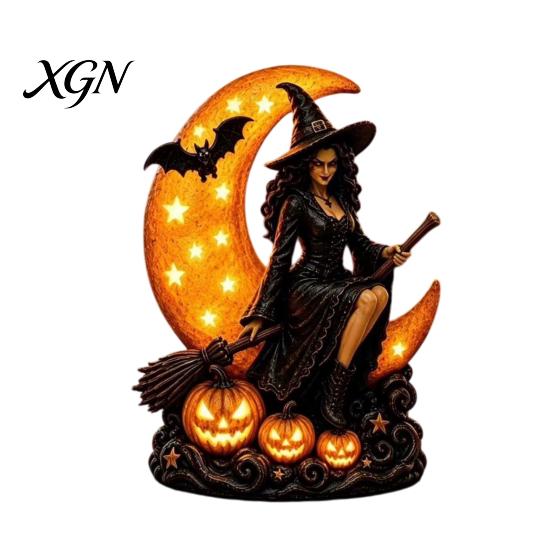 Dark Aesthetic Room Decor Halloween Witch on Crescent Moon Decorative Light, Gothic Detailed Fantasy Figurines Lamp, Resin Figurine for Home Tabletop