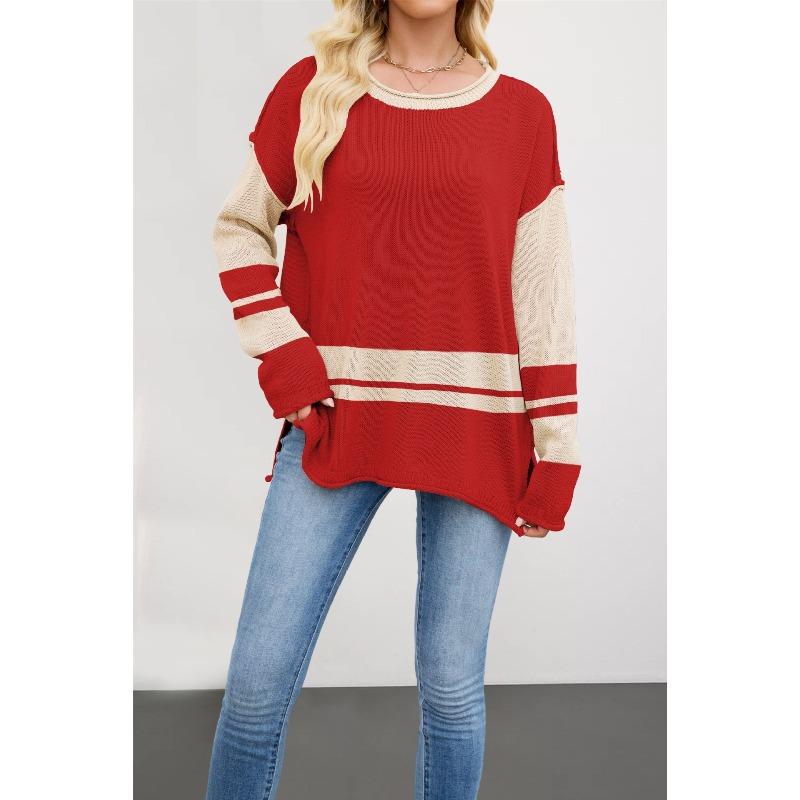 Women's Fashion Casual Fall Winter Colour Block Print Long Sleeve O-Neck Tops Women's Clothing Woolen Knitwear Sweaters