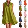 Women's Sleeveless V Neck Zip Front Summer Dress Loose Fit Ruffle Hem Casual Lightweight Linen Mini Dress