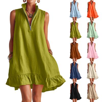 Women's Sleeveless V Neck Zip Front Summer Dress Loose Fit Ruffle Hem Casual Lightweight Linen Mini Dress