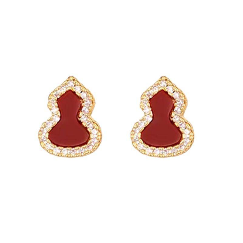 Sterling Micro Pave Pendant Earrings Women Lucky Red Green White Gourd Design New Chinese Style Minimalist Luxury