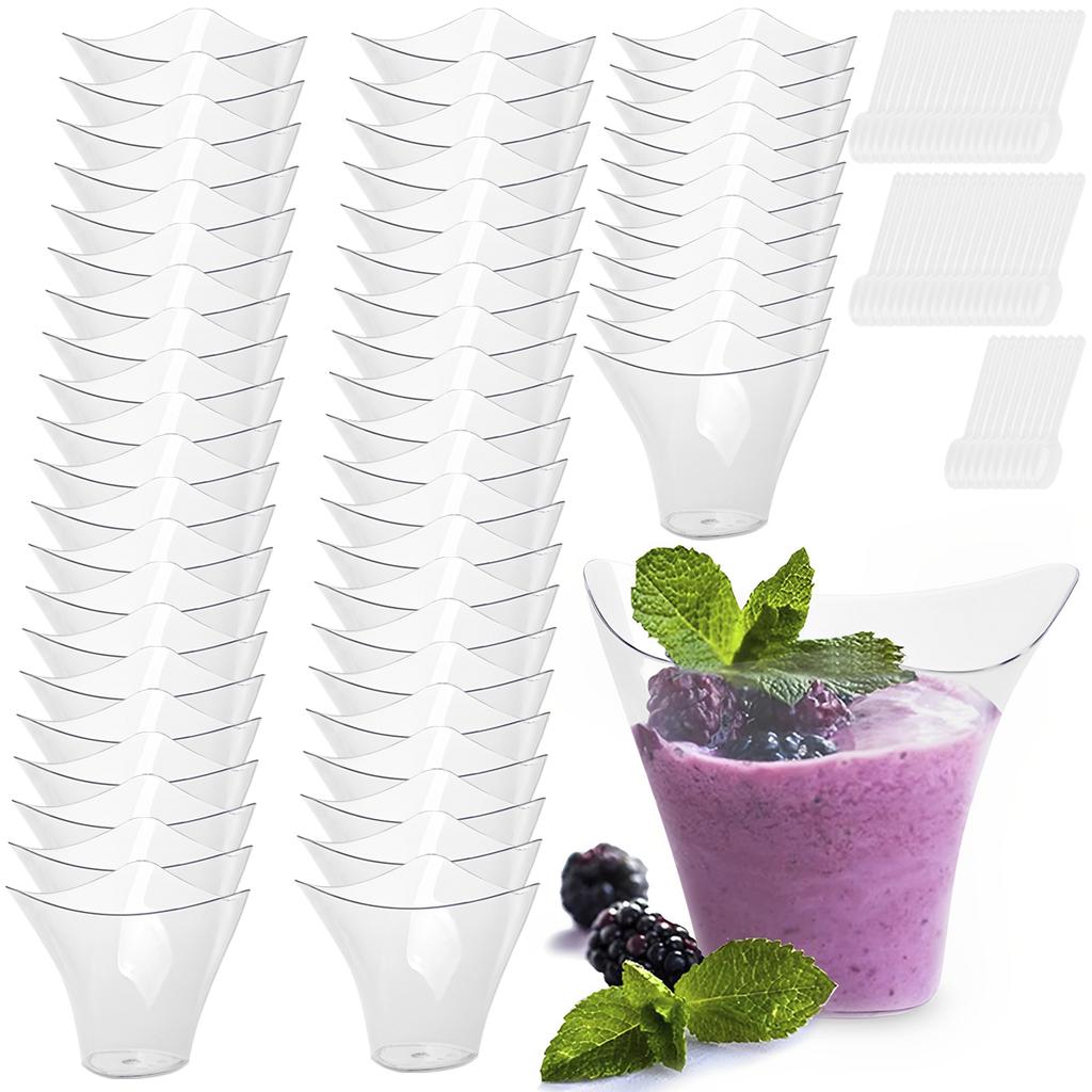 50 Stück Mini Dessertbecher 60/100/180ml Klare Plastik Desserttöpfchen Vorspeisenbecher für Pudding Mousse Joghurt Snacks Party Catering