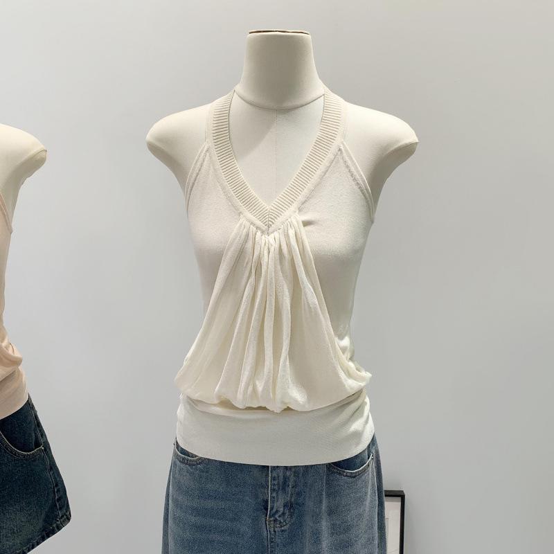 Design-Conscious Pink Pleated Halter Neck V-Neck Open-Back Slim Camisole for Women - New 2026 Summer Style