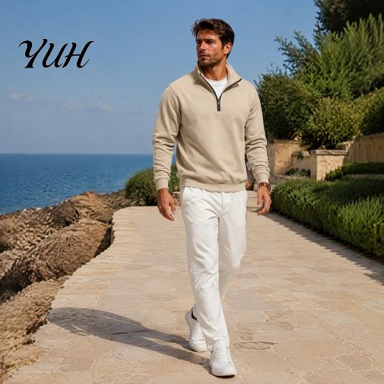 Outdoor Fitness Clothing Mens Quarter Zip Sweatshirt, Stand Collar Athletic Fleece Pullover, Ribbed Hem Cuffs, Lightweight Fall Sweatshirt Long Sleeve