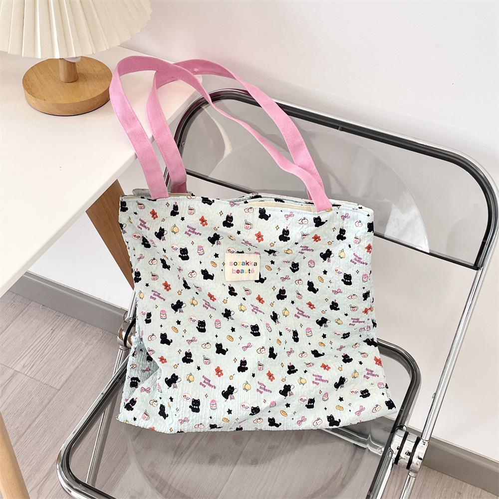 Cute Printed Kitten Canvas Bag Large Capacity Double Layer Work Bag Student Girl Summer Handbag