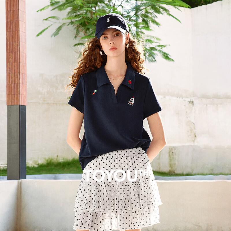 Chuyu Women s Sailboat & Floral Embroidered Polo T-Shirt S темно-синий