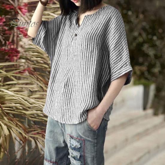 

Женские летние топы с v-образным вырезом и коротким рукавом, свободная футболка, тонкий пуловер с полосатым принтом, топы, повседневная одежда, уличная одежда S серый