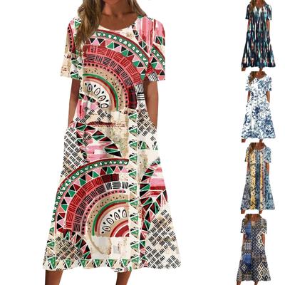 Women's Casual Dresses Printed Dresses Summer Dresses Printed Pleated Round Neck Midi Dresses Basic Classic Outdoor Daily Short Sleeve Loose Dresses