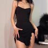 European and American Fashion Temperament Sexy Spicy Girl Women's Clothing Solid Color Simple Slit Irregular Short Suspender Dress