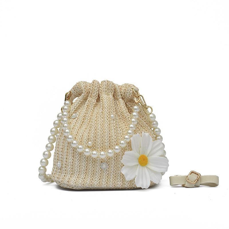 Little Fresh Flower Woven Bag Pearl Chain Tote Holiday Wind Beach Crossbody Bucket Bag