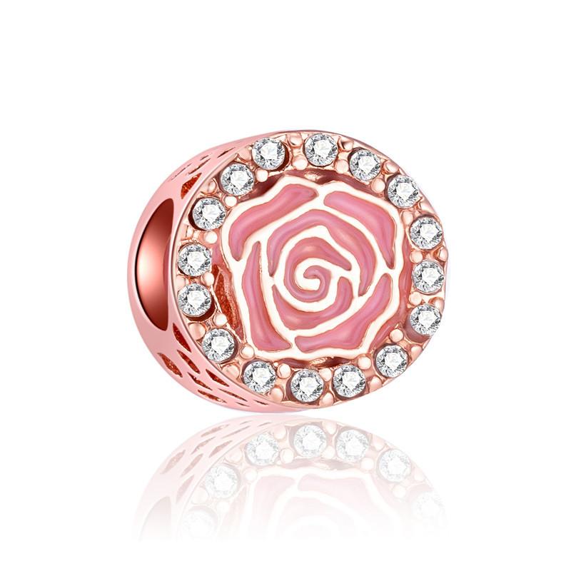 Fashion Rose Gold Plated Crystal Love Heart Flower Charms Bead Fit Original Bracelet Charm Pendants for DIY Jewelry Making