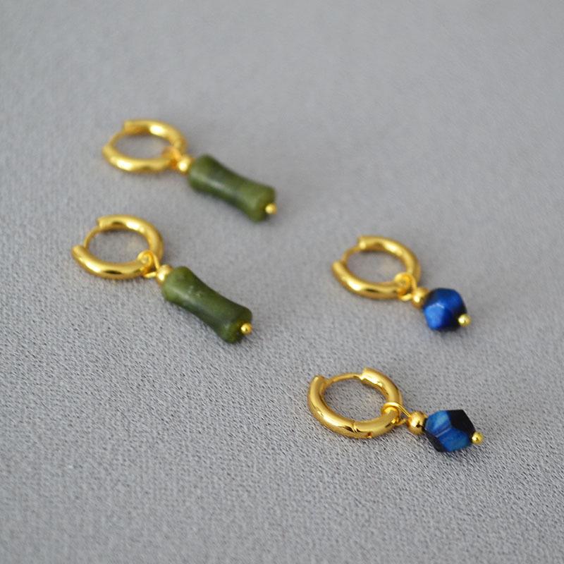 Guochao Minimalist Olive Jade & Bamboo Rhythm Earrings - Retro Style Ear Cuffs