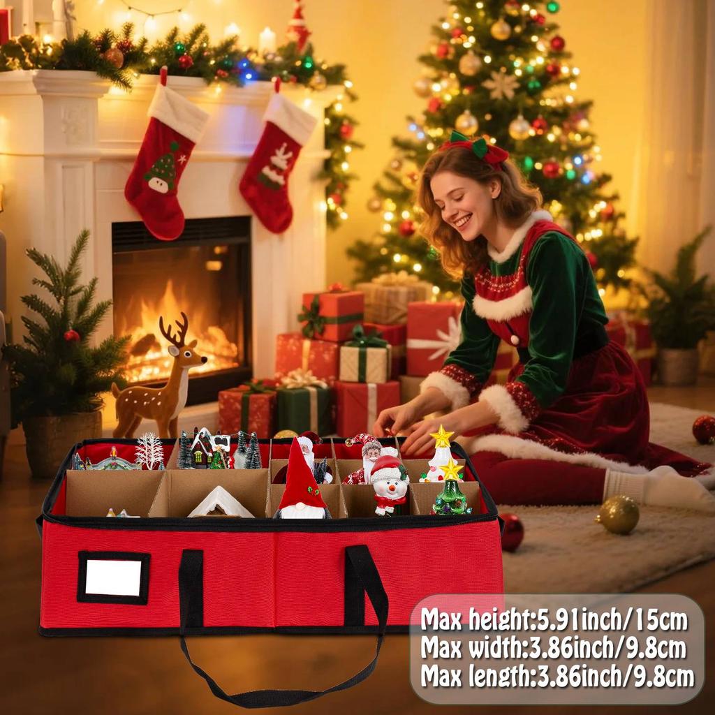 Red Christmas Ornament Storage Box with Adjustable Dividers Durable Stackable Organizer for Village Houses Figurines Keepsakes