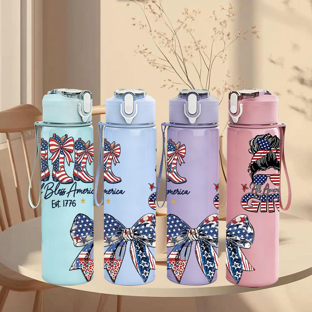 1PC American Flag Bow Girl Text 750ml Color Plastic Sports Water Bottle Leakproof Flip Straw Lid Suitable for Sports Office Home Use