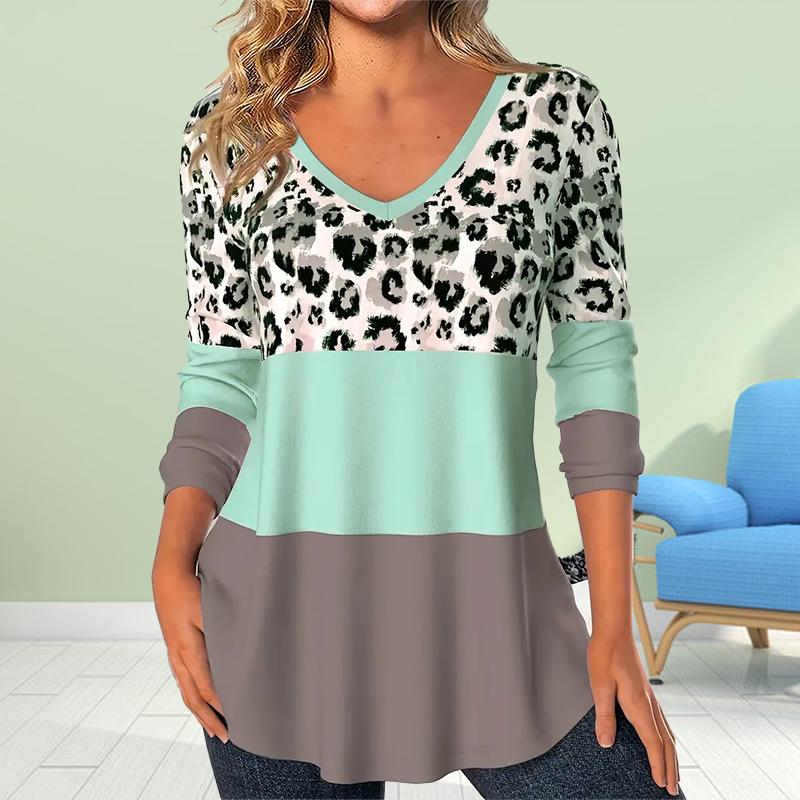 

Женские осенние футболки с длинным рукавом с леопардовым принтом, свободные футболки с V-образным вырезом больших размеров, удобные блузки S зелёный