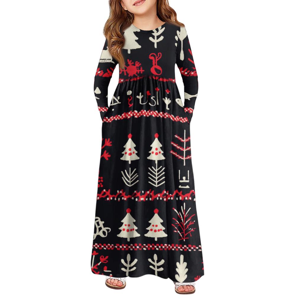 Dívčí maxi šaty - Šaty s dlouhým rukávem a kapsou Vánoční den