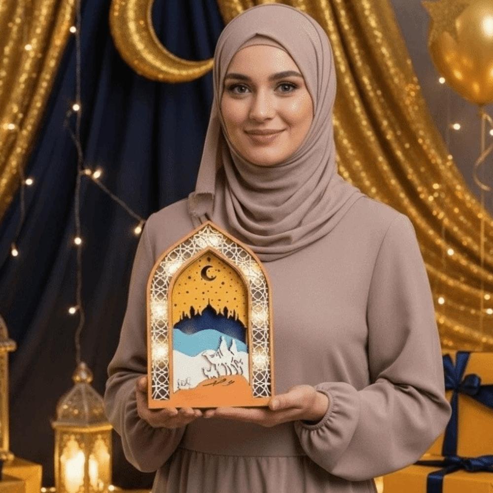 Moon Eid Desktop Ornament Creative Eid Wooden Decoration Night Light Ornament  for Gifts
