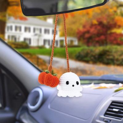 Halloweenowy szydełkowy dyniowy i duchowy wisiorek do samochodu ręcznie robiony mini dziergany duch dynia wisząca ozdoba na lusterko wsteczne samochodu akcesoria do wnętrza