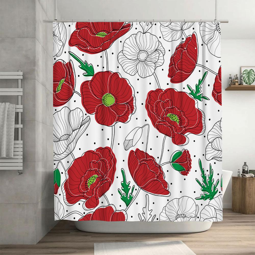 Waterproof Bath Curtains with Floral Print featuring Red Poppies and Green Leaves Decorative Shower Liners for Bathroom Decorati
