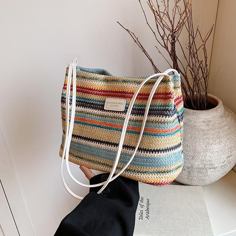 Stylish Large Capacity Rainbow Striped Woven Tote Bag For Trendy Daily Commute