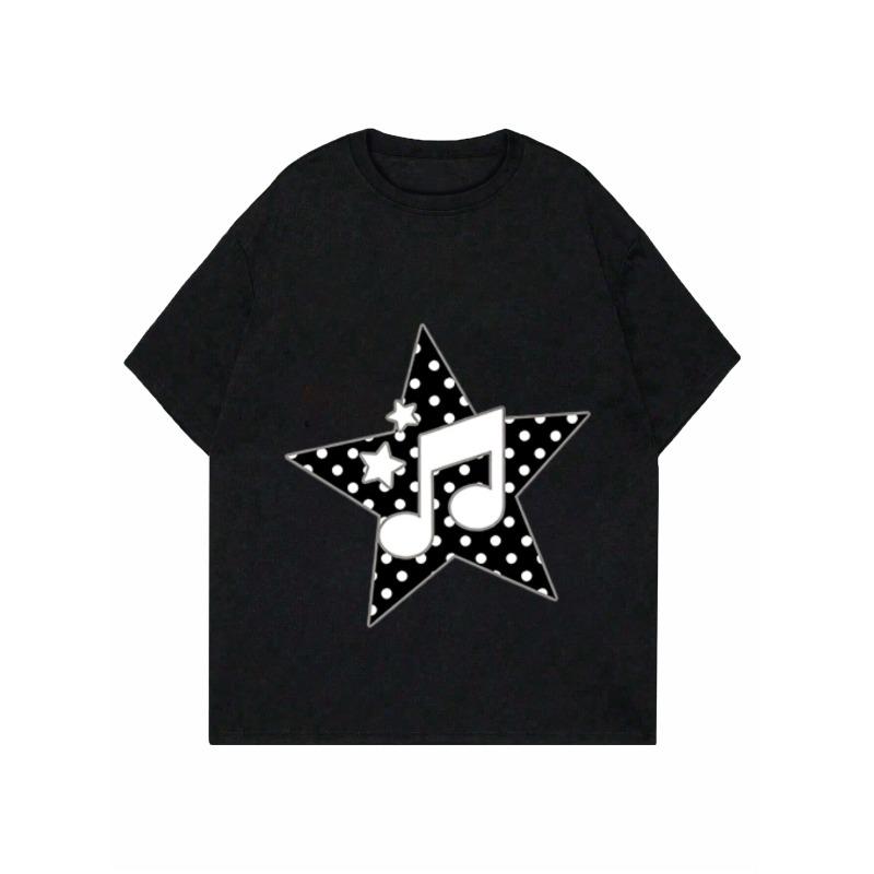 Polka Dot Star with Music Note Printed Black Women's Short-Sleeve T-Shirt