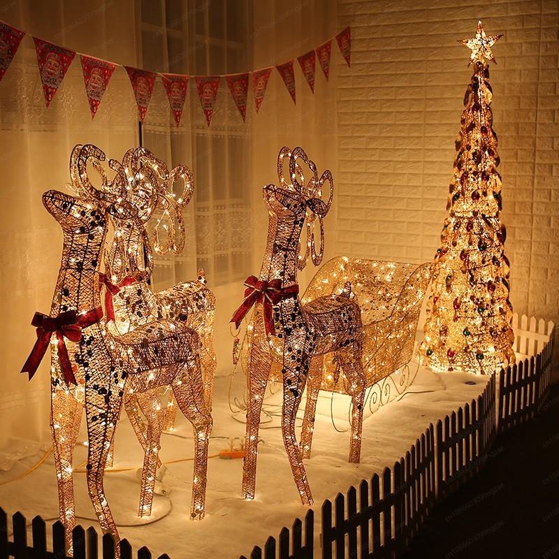 Christmas deer pull cart luminous deer pull cart wrought iron deer ornament hotel lobby window decoration supplies