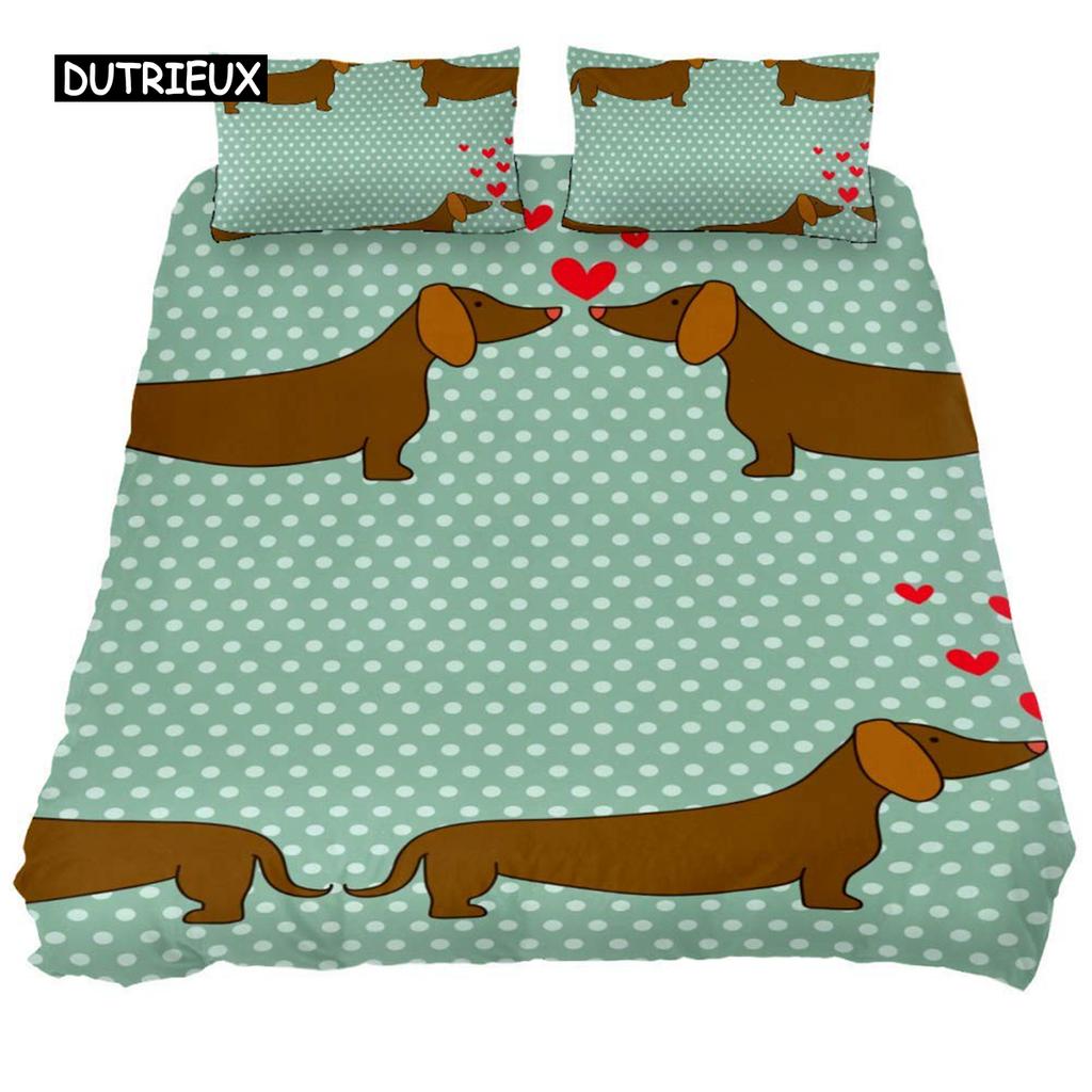 Dachshund Duvet Cover Set Cartoon Style Dachshunds King Size Bedding Set for Dog Lovers Kids Teens 2/3pcs Twin Comforter Cover