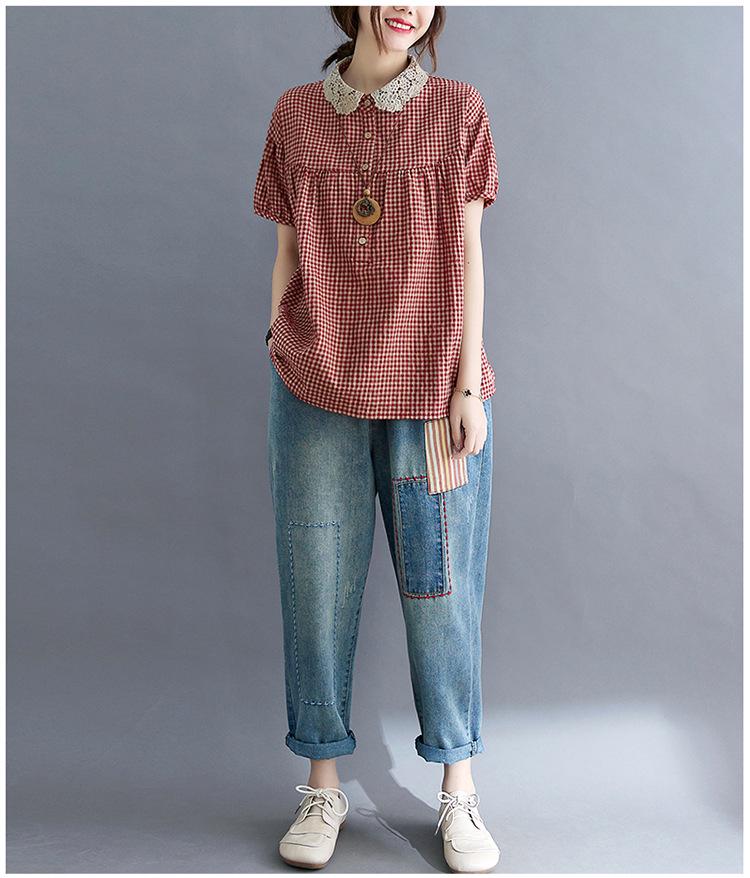 2021 Letní Nadměrná Velikost Patchwork Dámská Bavlněná Lněná Kostkovaná Košile s Peter Pan Límcem Zeštíhlující Krátký Rukáv