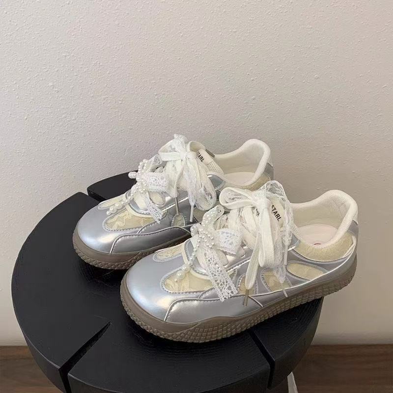 Балетки женские новые весенне-летние сетчатые дышащие с юбкой бантом универсальные повседневные кеды 35 серебряный