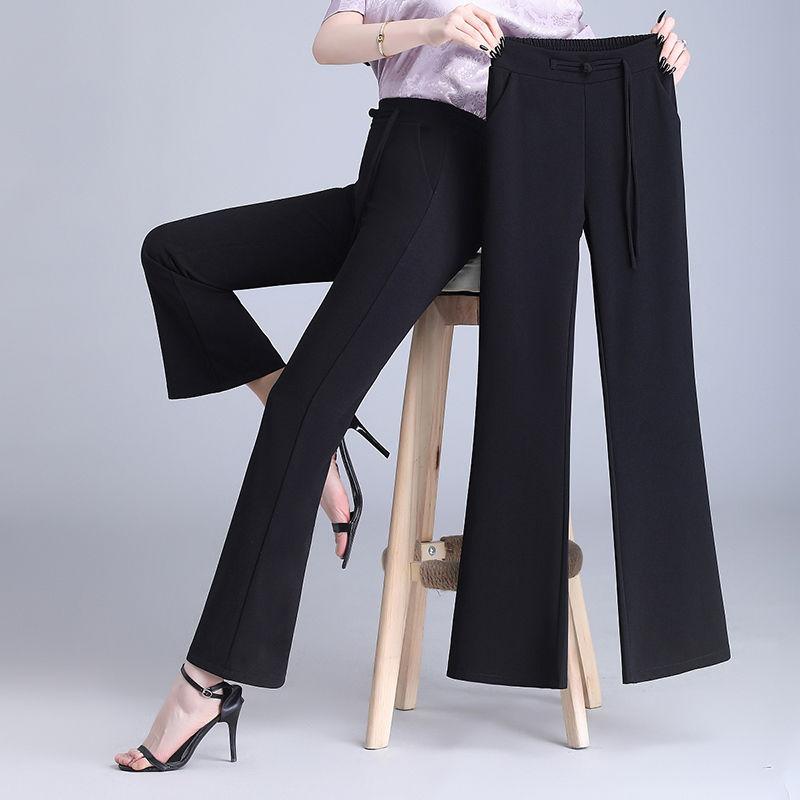 Chinese Style Autumn Flare Pants Women Solid Frog Pockets Elastic High Waist Casual Versatile Slim Wide Leg Ankle Length Trouser