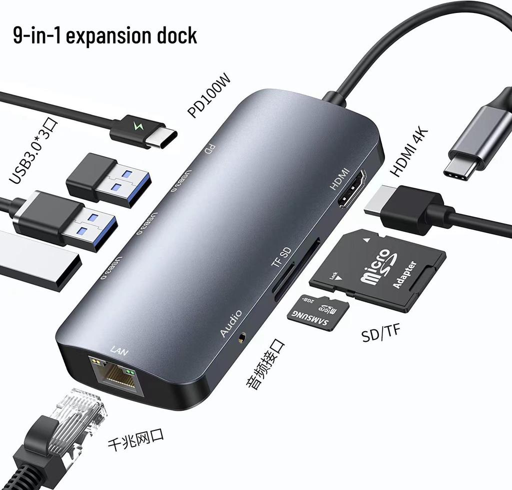 Type-C Multi-Port Adapter: USB Splitter, HDMI, Network, Converter, 5-in-1 Dock