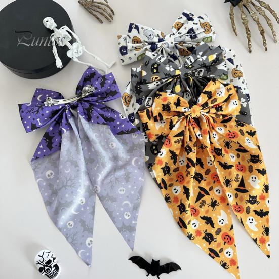 Pumpkin Print Bow Barrette Halloween Silky Satin Hair Bows, Big Ribbon Clips, Oversized Dynamic Long Tail Barrettes, Cute Accessories for Women Girls