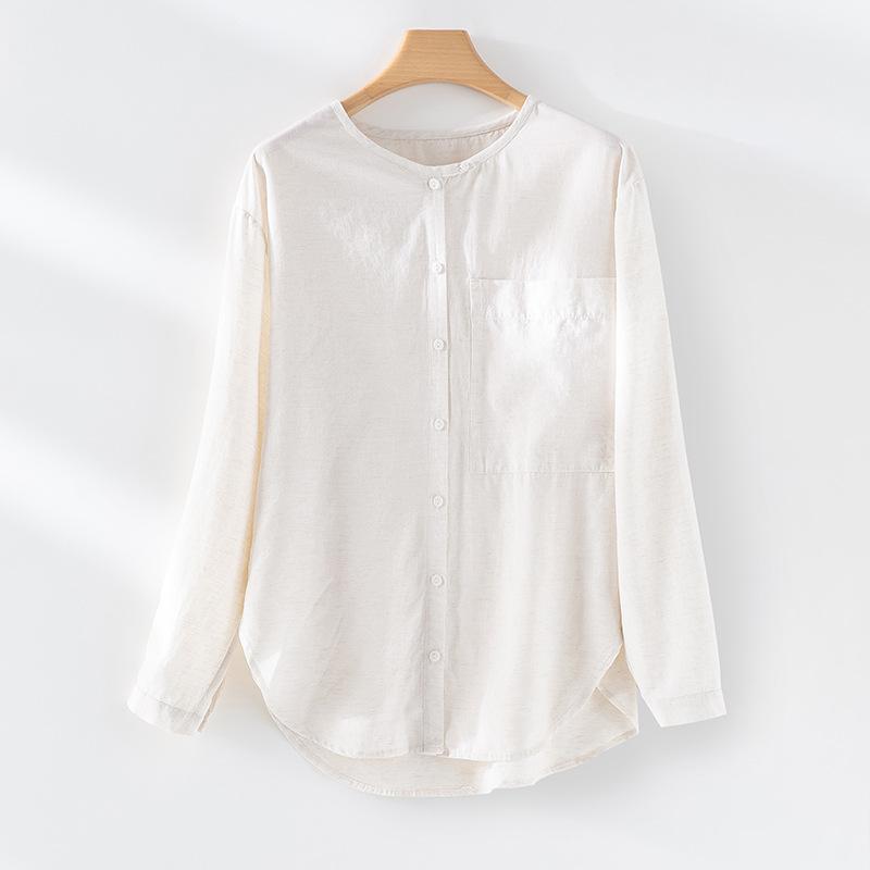 Early autumn new Lyocell Tencel linen Hong Kong style temperament round neck long-sleeved shirt simple casual versatile shirt women