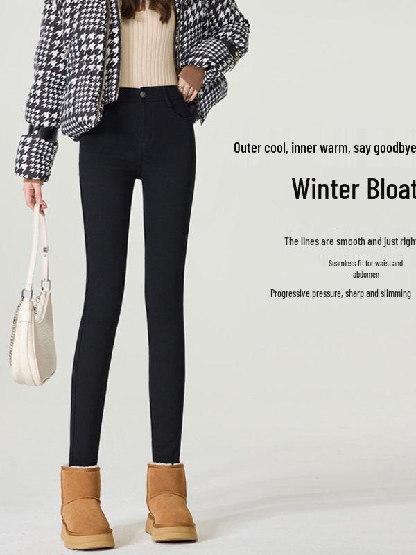 Women's Black Fleece-Lined Thermal Leggings: Warm, High-Waisted, Slim-Fit, Versatile, Thick, Trendy for Autumn/Winter
