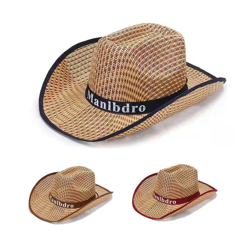 Western Cowboy Style Men Straw Hat Wide Brim Beach Hat Sun Protection Hat  for Outdoor Activities
