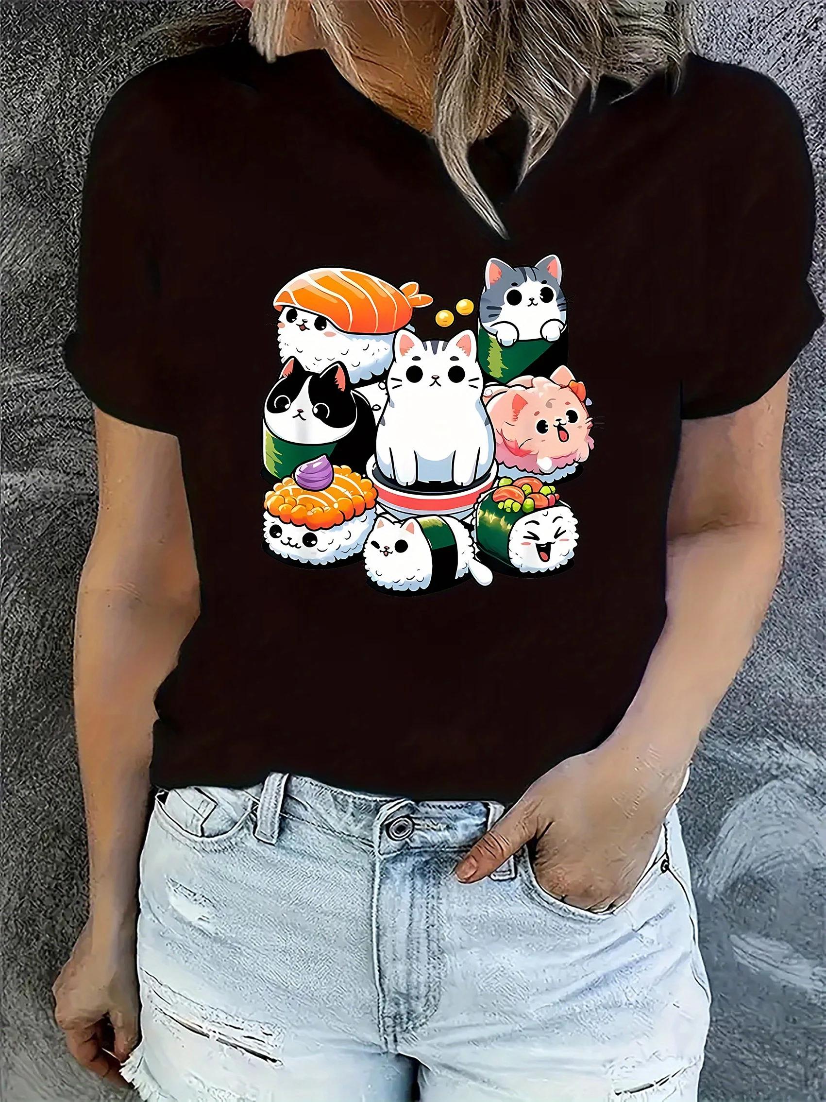 

Cartoon Sushi Cat Pattern Print Women s Fashion Trendy T-shirt Round Neck Short Sleeve Simple Casual Sports T-shirt S
