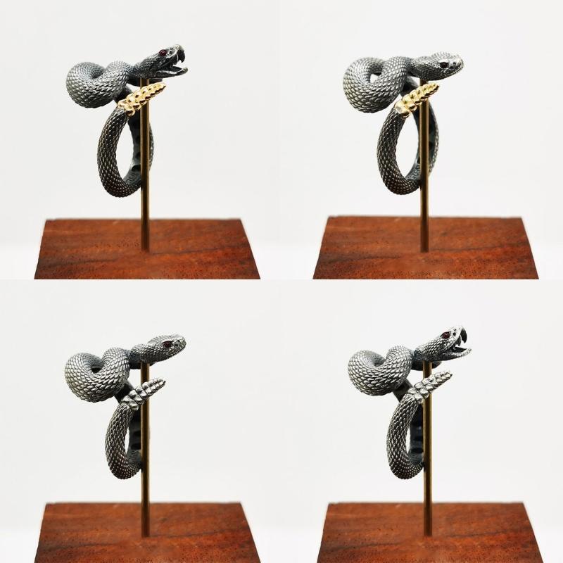 Snake Ring with Tail Copper Rattlesnake Shaped Finger Ring Jewelry Handmade Adjustable Serpent Ring Gift for Men Women