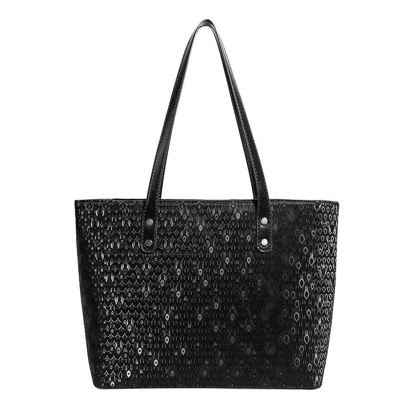 New high-quality textured black shoulder bag, peacock feather pattern, large-capacity commuting