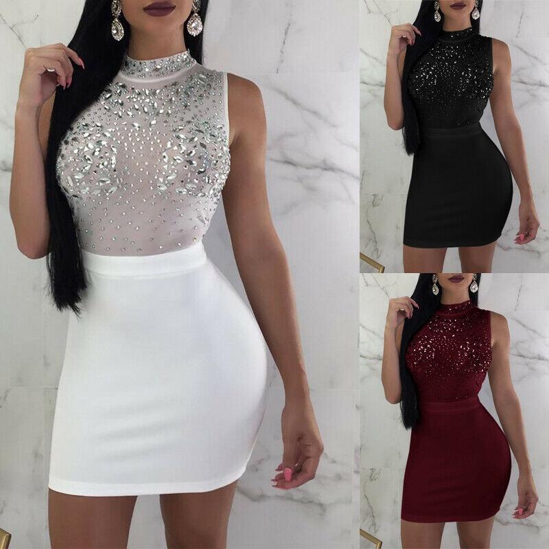 Elegant Sexy Shiny Women's Bodycon Dress With Diamond O Neck For Evening Embroidery