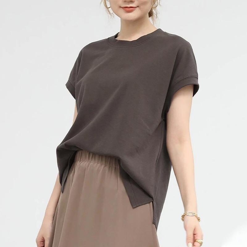 

Летняя новая хлопковая футболка с коротким рукавом и круглым вырезом, женские топы, модные элегантные свободные повседневные женские футболки, простые тонкие однотонные женские футболки 26413 L темно-коричневого