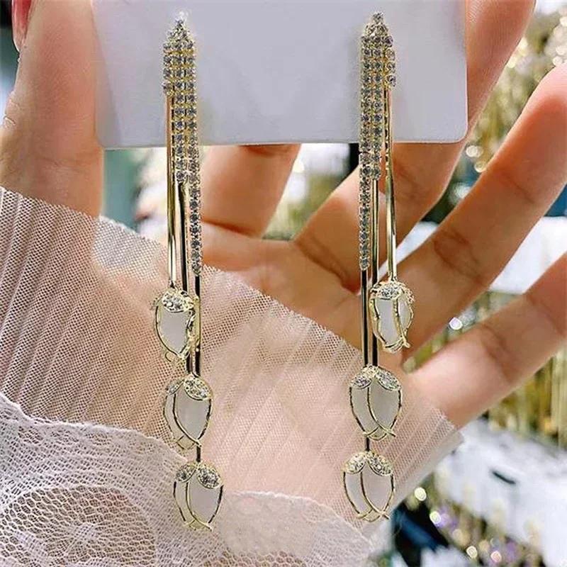 Women S Elegant Flower Tassel Earrings Full Cubic Zirconia Engagement Wedding Party Jewelry Statement Female Accessory