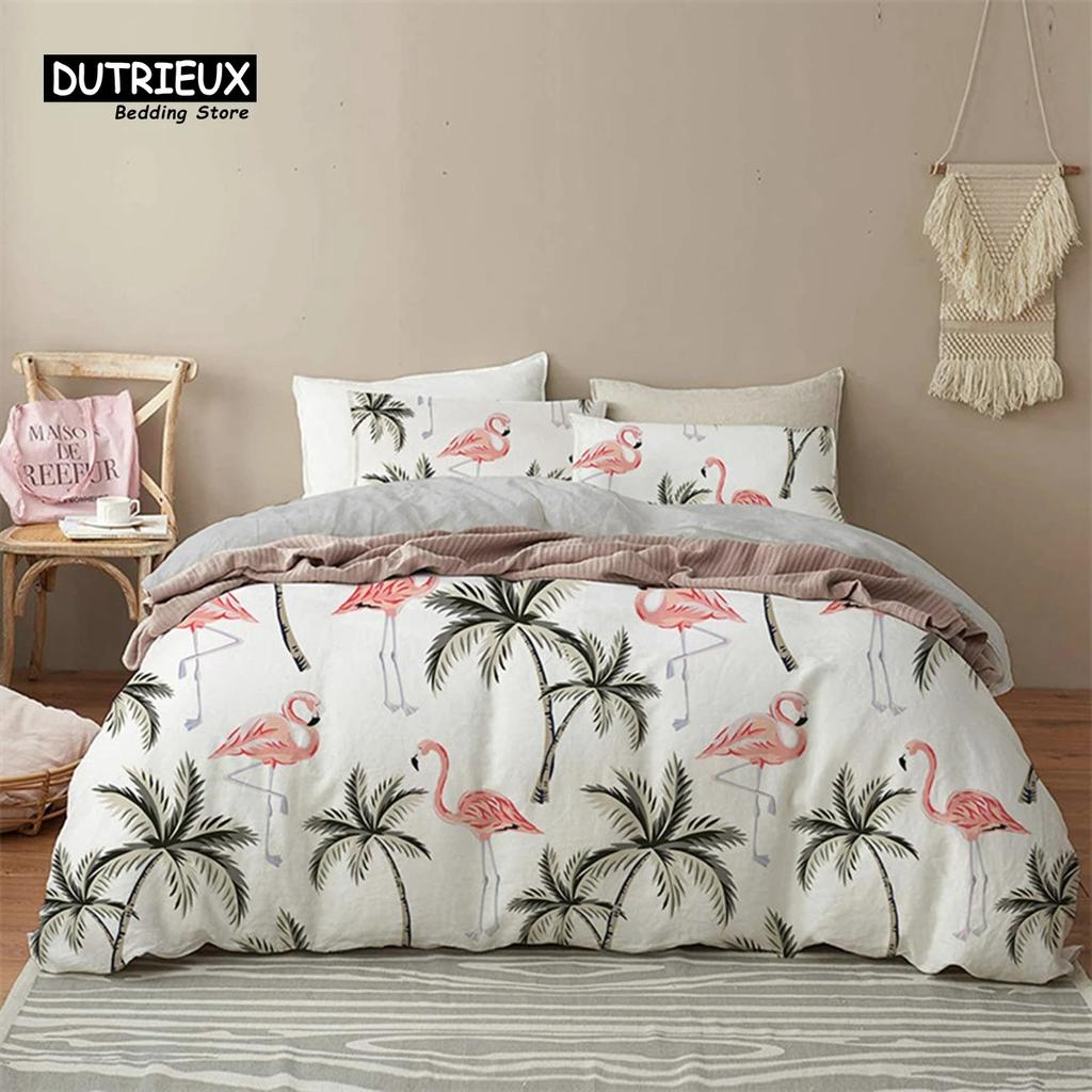 Green Palm Leaf Floral Bedding Set Tropical Leaves Flowers Animals Duvet Cover Microfiber Comforter Cover For Adults Kids Decor
